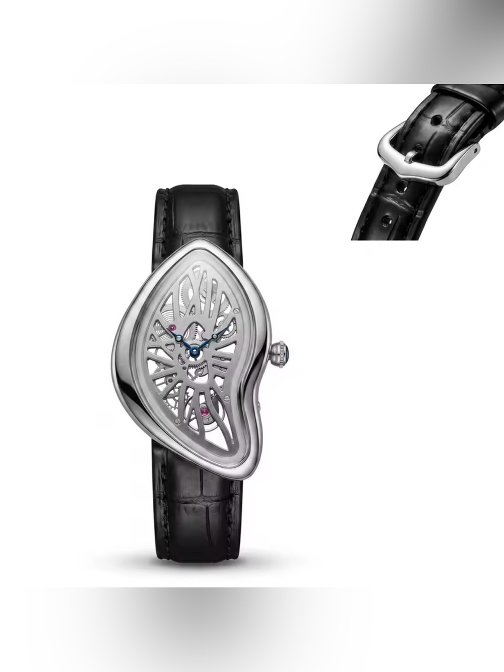 Avant-Garde Black Leather Strap Ladies Skeleton Watch - Silver Case